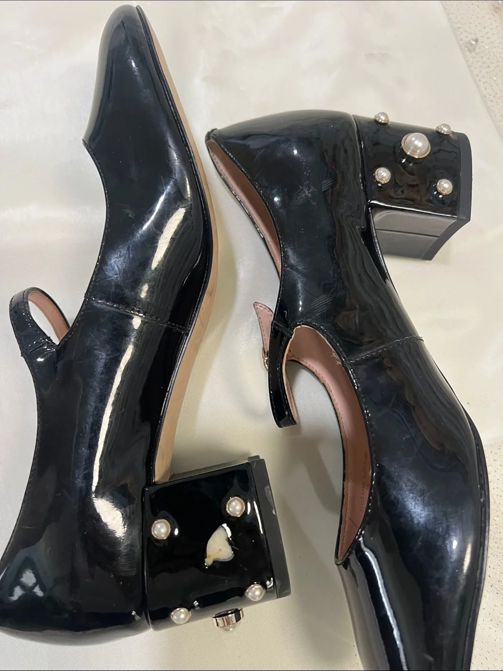 kate spade Black Patent Leather Mary Jane Heeled shoes with Pearl Studs